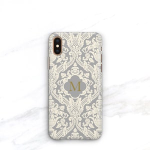 Luxury iPhone Case Monogrammed Gray Damask iPhone 12 11 Xs Max 14 15 Galaxy S20 Cream and Gray iPhone SE 2020 Personalized Gift CMG-DAMGY image 3