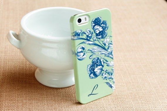 Floral iPhone 13 MagSafe Case Flowers in Blue and Green Monogramed iPhone 17 Pro 16e iPhone 12 Pro Max Case, Galaxy S20 Personalized C-VFLBG