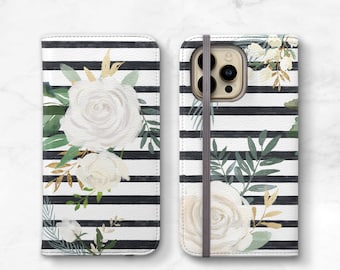 Womens Wallet Case Floral Stripes iPhone 14 Plus Card Case Watercolor White Roses 13 Pro Max 12 11 Xs 8 Plus Gift for Her WC-WATROST