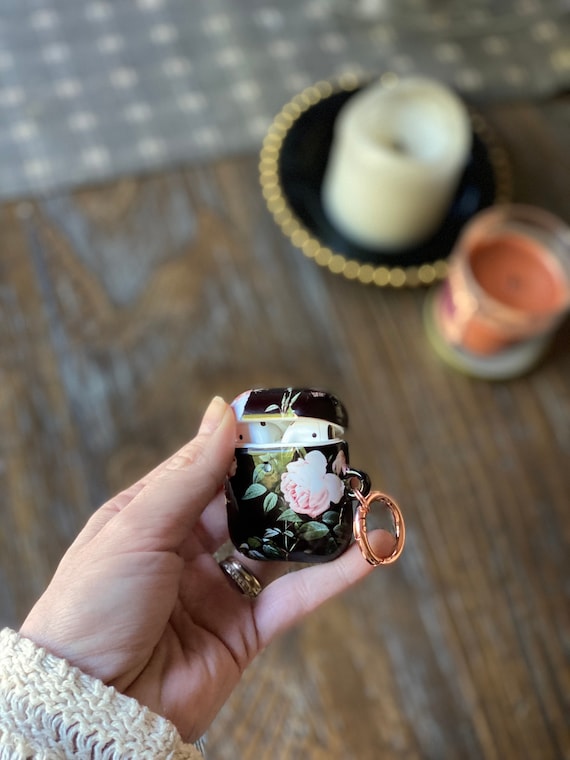 Rose Pattern on Black AirPod Case Monogrammed AirPods Pro Hard Case Keychain Rose Gold  AP-RPB