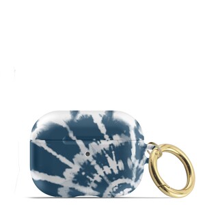 May include: A blue and white tie-dye patterned protective case for AirPods with a gold metal carabiner.