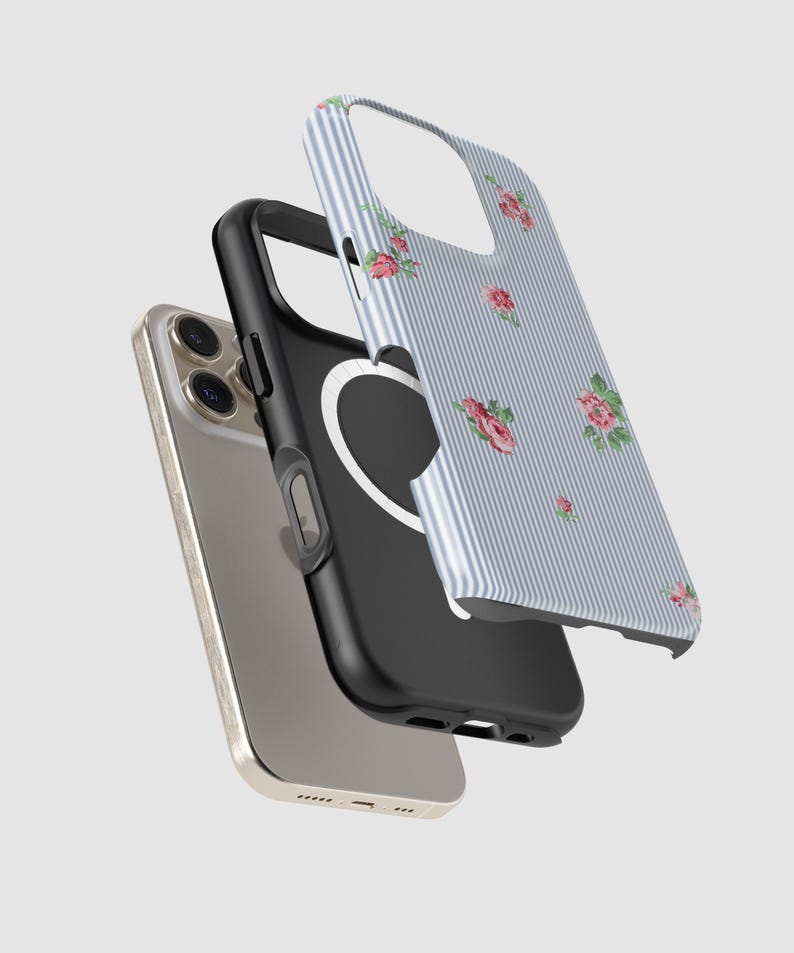 Blue Stripe Phone Case with Pink Flowers, Preppy iPhone 17 16 15 MagSafe 14 13 Pro Max 17e Monogram Name on Seersucker S24 S25 Plus C-PSF immagine 13