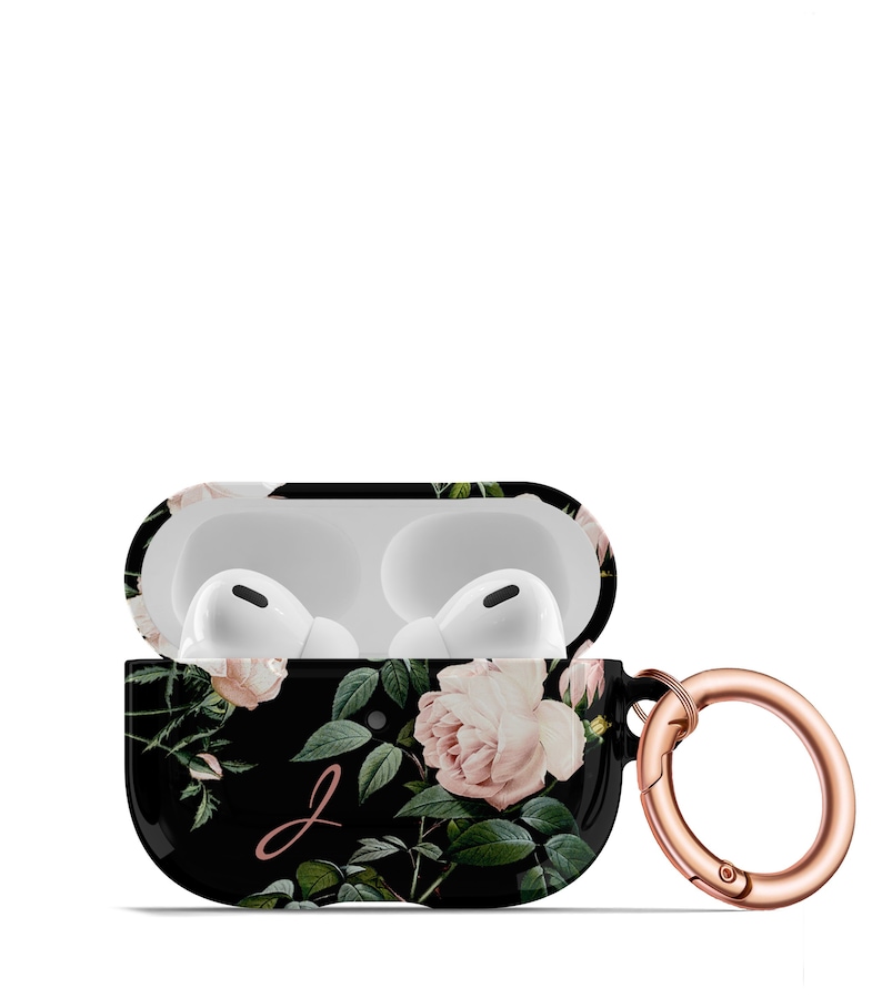 Rose Pattern on Black AirPod Case Monogrammed AirPods Pro Hard Case Keychain Rose Gold AP-RPB AirPods PRO 1st/2nd generation