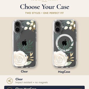 The image is an advertisement for a clear and a magcase phone case, featuring two different designs with white roses and leaves.