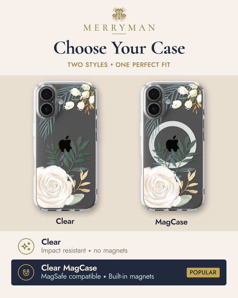 The image is an advertisement for a clear and a magcase phone case, featuring two different designs with white roses and leaves.
