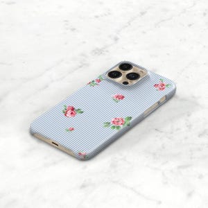 Blue Stripe Phone Case with Pink Flowers, Preppy iPhone 17 16 15 MagSafe 14 13 Pro Max 17e Monogram Name on Seersucker S24 S25 Plus C-PSF immagine 11