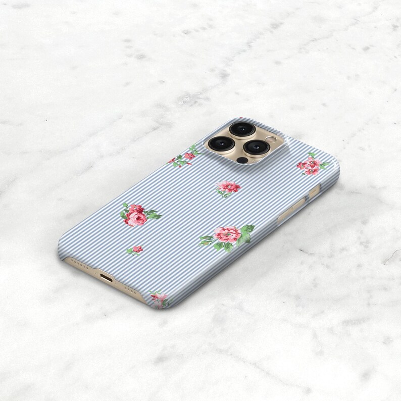 Blue Stripe Phone Case with Pink Flowers, Preppy iPhone 17 16 15 MagSafe 14 13 Pro Max 17e Monogram Name on Seersucker S24 S25 Plus C-PSF immagine 11