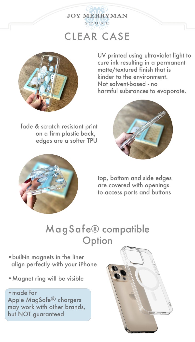 May include: Clear phone case with a blue and white design. The case is compatible with MagSafe chargers. The case is made of a firm plastic back with softer TPU edges. The case has openings for access to ports and buttons.