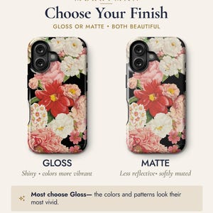 two phone cases with different finishes: a glossy finish and a matte finish. The glossy case has a vibrant floral pattern, while the matte case has a more subtle and muted appearance. The text suggests that the choice of finish depends on personal preference and the desired look of the phone case.