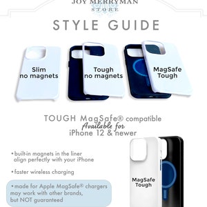 May include: Three iPhone cases, one slim white case with no magnets, one white case with a black bumper and no magnets, and one white case with a black bumper and a blue ring for MagSafe charging. The text on the cases reads "Slim no magnets", "Tough no magnets", and "MagSafe Tough". The text below the cases reads "TOUGH MagSafe&reg; compatible Available for iPhone 12 & newer".