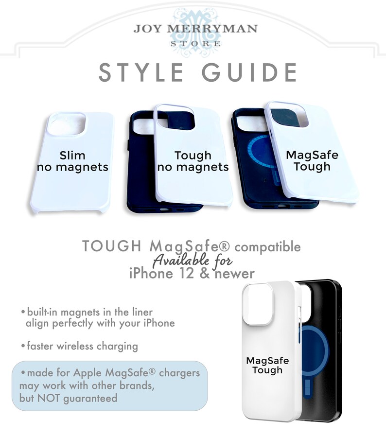 May include: Three iPhone cases, one slim white case with no magnets, one white case with a black bumper and no magnets, and one white case with a black bumper and a blue ring for MagSafe charging. The text on the cases reads "Slim no magnets", "Tough no magnets", and "MagSafe Tough". The text below the cases reads "TOUGH MagSafe&reg; compatible Available for iPhone 12 & newer".