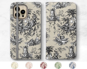 Toile Phone Case Wallet iPhone 15 14 Pro Max 13 12 11 15 Plus Black Toile de Jouy WC-WTN