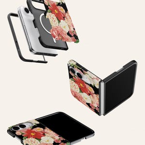 a collection of three smartphone cases with a floral design. The cases are black and white, with a vibrant floral pattern that includes red, pink, and white flowers. The cases appear to be designed for the iPhone X, with a sleek and modern appearance.