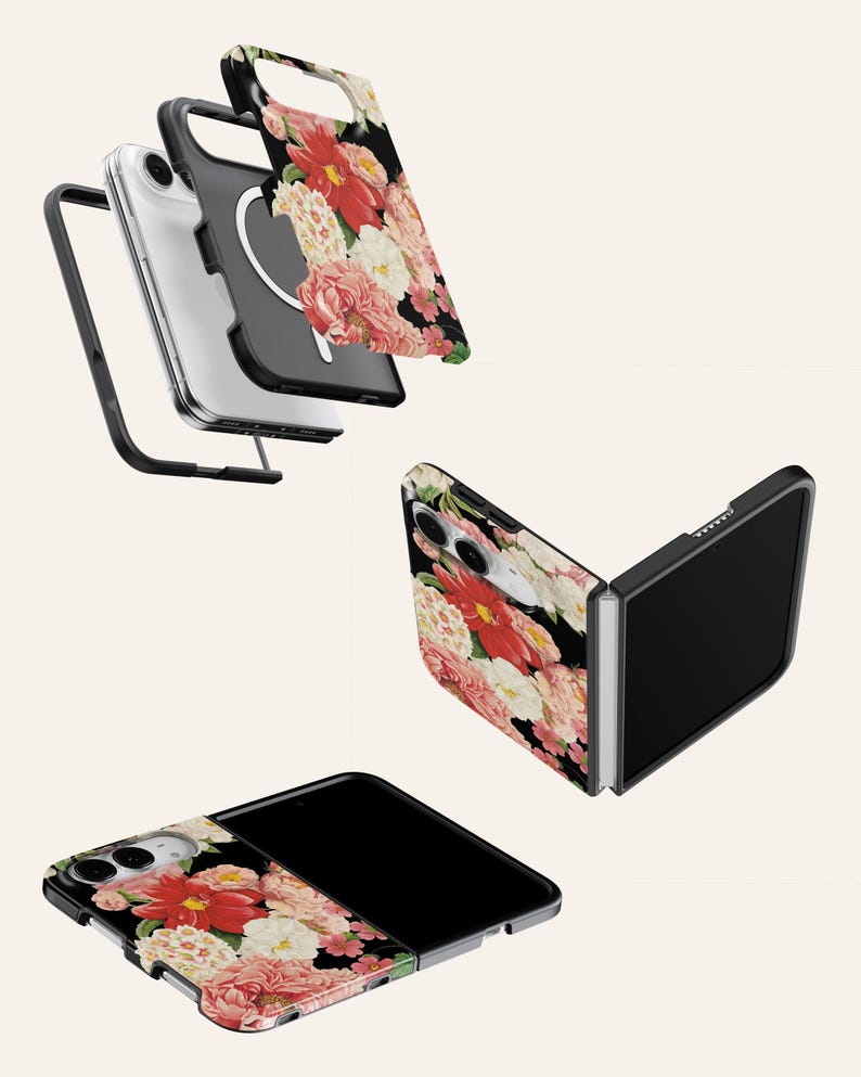 a collection of three smartphone cases with a floral design. The cases are black and white, with a vibrant floral pattern that includes red, pink, and white flowers. The cases appear to be designed for the iPhone X, with a sleek and modern appearance.