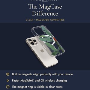 The image is an advertisement for a clear and magnetic phone case designed for Apple MagSafe accessories. The case is made in magnets that align perfectly with the phone, and it has a magnetic ring visible in clear areas. The case is compatible with both MagSafe and Qi wireless charging.