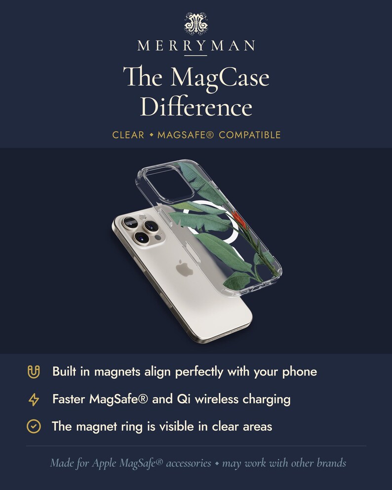 The image is an advertisement for a clear and magnetic phone case designed for Apple MagSafe accessories. The case is made in magnets that align perfectly with the phone, and it has a magnetic ring visible in clear areas. The case is compatible with both MagSafe and Qi wireless charging.