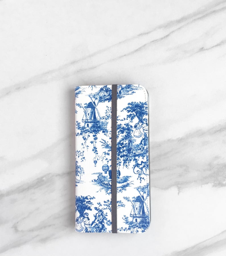 iPhone Wallet Toile Blue and White, iPhone 14 Plus Wallet Case iPhone 14 Pro Max 13 12 11 Womens Flip Phone Case Vegan Leather WC-WTB image 4