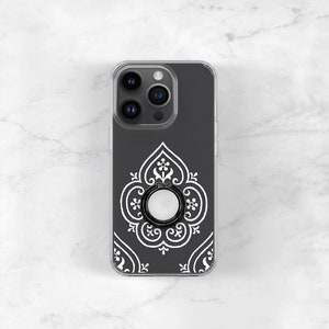 May include: A black phone case with a white intricate design and a black ring holder.