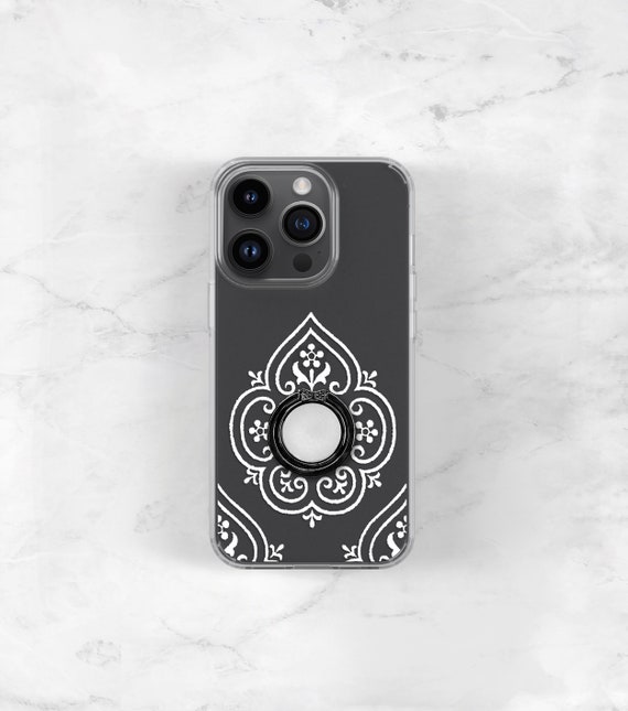 Boho Clear Case Ring Grip Phone Case Holder for iPhone or Samsung Galaxy - Choose Grip Color iPhone 14 Pro Max Case 14 Plus 13 12 11 CC-BMW