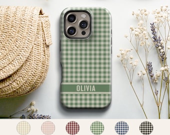Personalized Gingham Phone Case — Costal Preppy Checkered iPhone, Galaxy, Pixel  Custom Name / Monogram