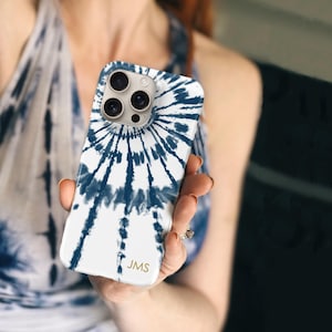 Personalized Tie Dye Phone Case, Boho iPhone, Galaxy or Pixel in Indigo Blue and White, Magsafe Option C-TIDYBW