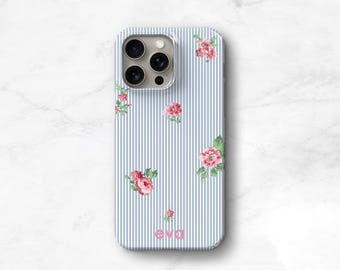 Blue Stripe Phone Case with Pink Flowers, Preppy iPhone 17 16 15 MagSafe 14 13 Pro Max 17e Monogram Name on Seersucker S24 S25 Plus C-PSF