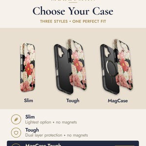 The image is an advertisement for a phone case, showcasing three different styles and their corresponding features.