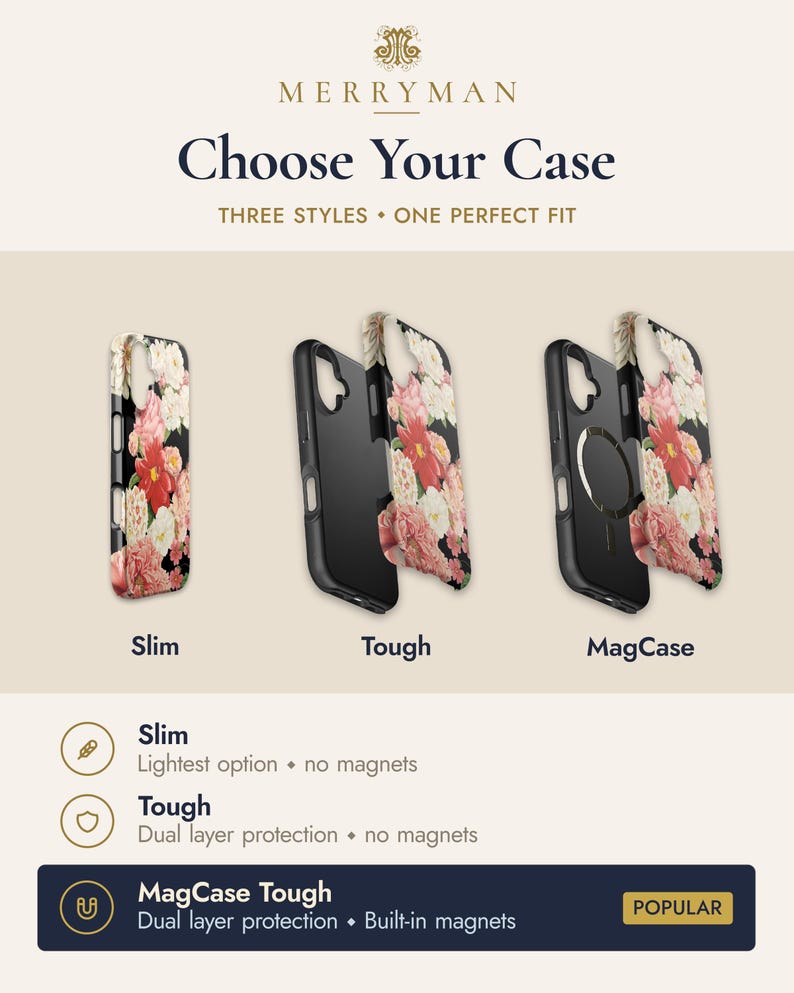 The image is an advertisement for a phone case, showcasing three different styles and their corresponding features.