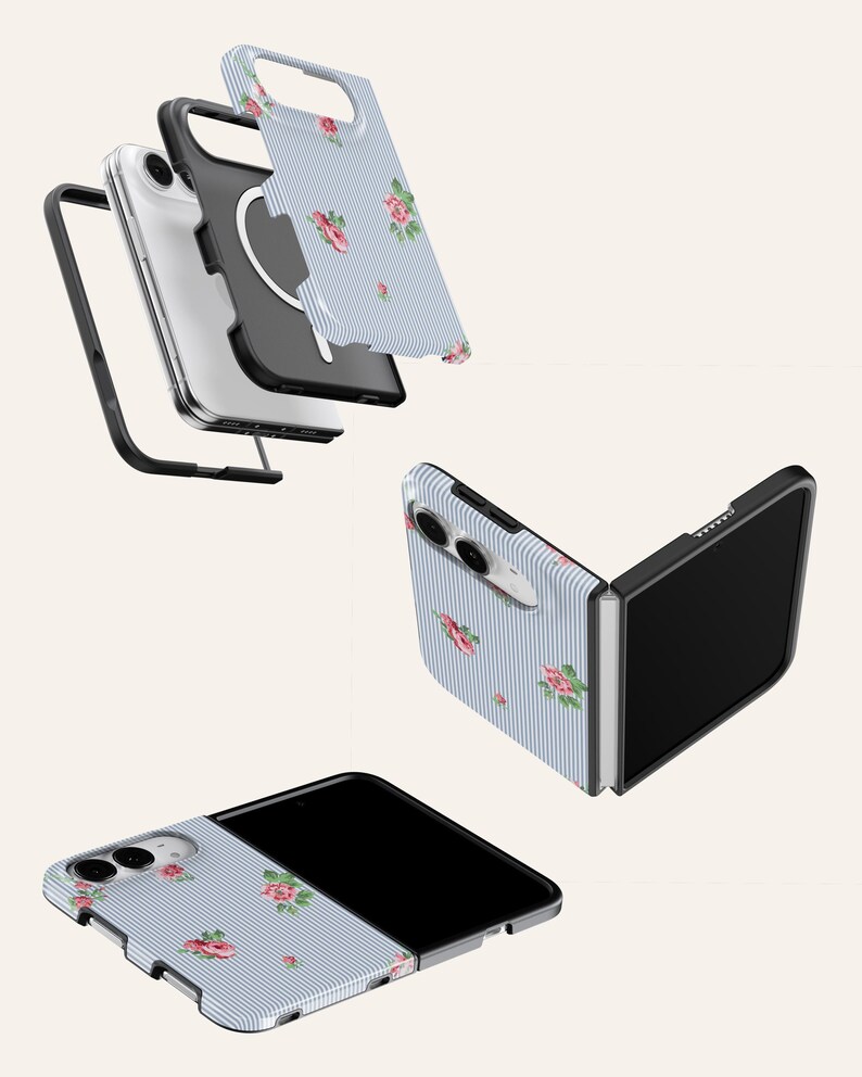a collection of three smartphone cases with floral designs. The cases are in various stages of being assembled, with one partially open and the other two fully assembled.