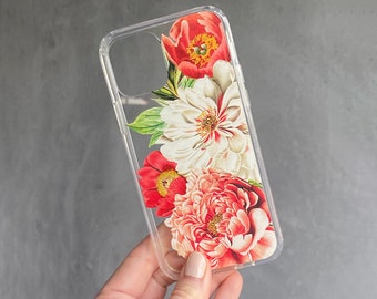 Clear Floral Case for iPhone 14 Plus 13 Pro Max iPhone 12 Mini Pink Peonies Gifts For Her, Mom, Sister iPhone Xs Max 15 11 Pro Max CC-PEOLG