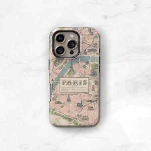 Vintage Paris Map Phone Case for iPhone 16 16E 15 14 13 & Samsung S24 S25 – Pink Antique France Map with Eiffel Tower, MagSafe Option C-MPA