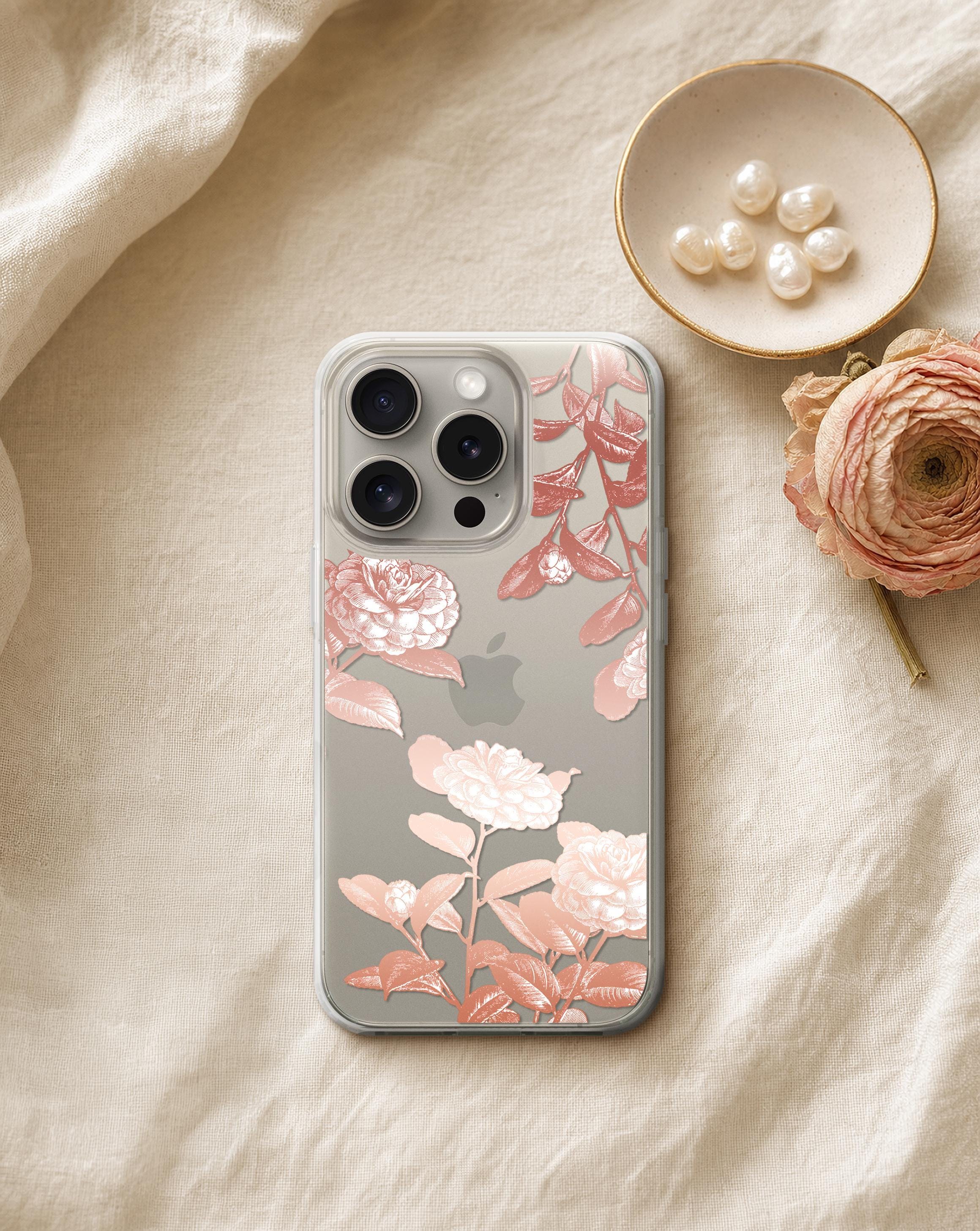 Clear Vintage Floral Phone Case — Blush or Golden Ombre, iPhone