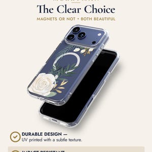 The image is an advertisement for a clear phone case with a floral design. It features a close-up view of the phone case and highlights its durability and impact resistance.