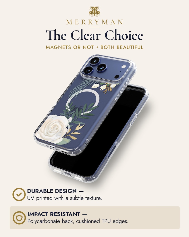The image is an advertisement for a clear phone case with a floral design. It features a close-up view of the phone case and highlights its durability and impact resistance.