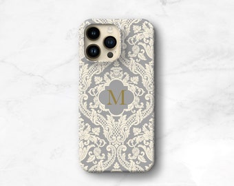 Elegant Phone Case Monogram iPhone 14 Pro Max Case Damask iPhone 13 Case Galaxy S22 Cream and Gray iPhone 12, 11, SE 2 Pixel 7 CMG-DAMGY