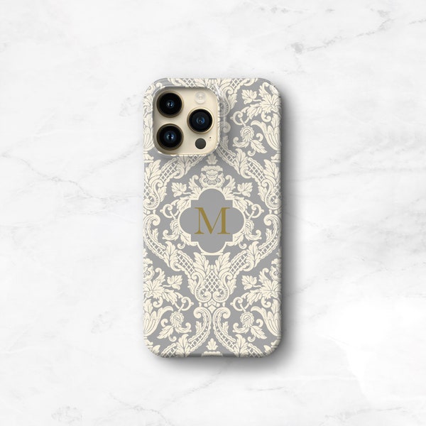 Elegant Phone Case Monogram iPhone 14 Pro Max Case Damask iPhone 13 Case Galaxy S22 Cream and Gray iPhone 12, 11, SE 2 Pixel 7 CMG-DAMGY