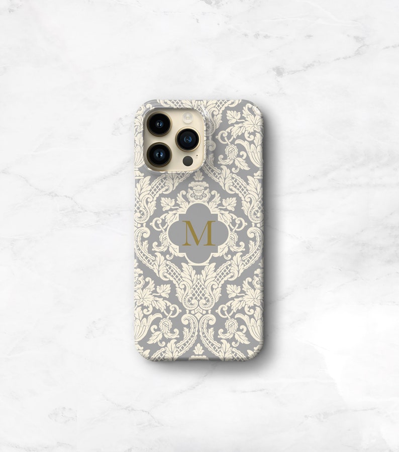 Elegant Phone Case Monogram iPhone 14 Pro Max Case Damask iPhone 13 Case Galaxy S22 Cream and Gray iPhone 12, 11, SE 2 Pixel 7 CMG-DAMGY image 1