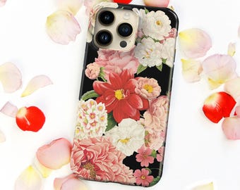 May include: A black smartphone case featuring a vibrant floral pattern with red, pink, and white flowers. The design includes detailed illustrations of dahlias, roses, and small blossoms covering the entire back surface of the phone case.