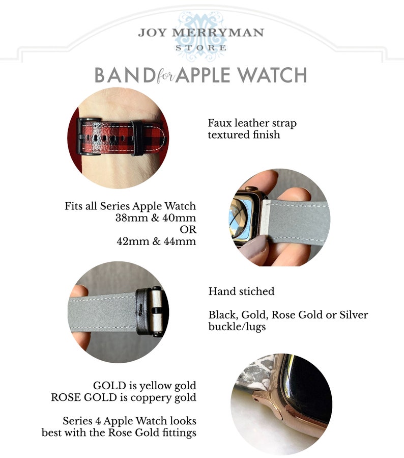 Op de afbeelding: Een rood-zwart geruit kunstleren horlogebandje voor de Apple Watch. Het bandje is met de hand gestikt en past op alle Apple Watch Series-maten: 38 mm & 40 mm of 42 mm & 44 mm. De gesp en de bandogen zijn verkrijgbaar in zwart, goud, ros&eacute;goud of zilver. De tekst "GOLD is yellow gold ROSE GOLD is coppery gold" is ook in de afbeelding te zien. De Series 4 Apple Watch ziet er het best uit met de ros&eacute;gouden bevestigingen.