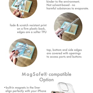May include: Clear phone case with a blue and white design. The case is compatible with MagSafe chargers. The case is made of a firm plastic back with softer TPU edges. The case has openings for access to ports and buttons.