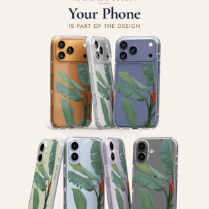 a collection of phone cases with various leaf designs, including palm leaves and other tropical foliage. The cases are arranged in a way that showcases the different designs and colors available.
