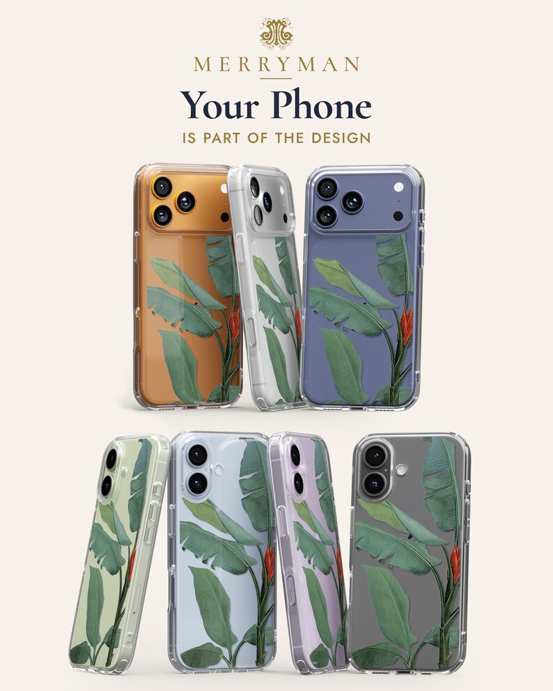 a collection of phone cases with various leaf designs, including palm leaves and other tropical foliage. The cases are arranged in a way that showcases the different designs and colors available.
