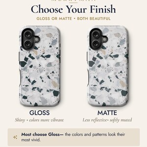 May include: Two phone cases with a grey, white, and dark blue terrazzo pattern. Text reads: MERRYMAN Choose Your Finish GLOSS OR MATTE &bull; BOTH BEAUTIFUL. Below the cases: GLOSS Shiny &bull; colors more vibrant and MATTE Less reflective &bull; softly muted.