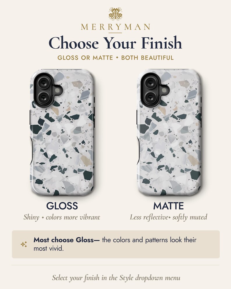 May include: Two phone cases with a grey, white, and dark blue terrazzo pattern. Text reads: MERRYMAN Choose Your Finish GLOSS OR MATTE &bull; BOTH BEAUTIFUL. Below the cases: GLOSS Shiny &bull; colors more vibrant and MATTE Less reflective &bull; softly muted.