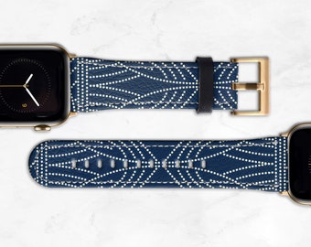 Blue Dots Apple Watch Band for 41mm 45mm 40mm 38mm 42mm 44mm 49mm Womens Boho Faux Leather Ultra Series 9 8 7 6 5 4 SE WB-DOTB