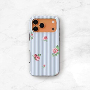 Blue Stripe Phone Case with Pink Flowers, Preppy iPhone 17 16 15 MagSafe 14 13 Pro Max 17e Monogram Name on Seersucker S24 S25 Plus C-PSF immagine 7