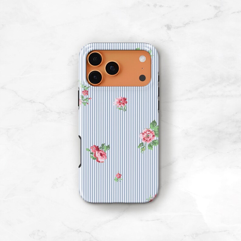 Blue Stripe Phone Case with Pink Flowers, Preppy iPhone 17 16 15 MagSafe 14 13 Pro Max 17e Monogram Name on Seersucker S24 S25 Plus C-PSF immagine 7