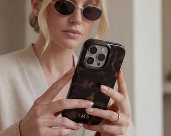 Tortoise Shell Phone Case Custom Monogram Minimalist Dark Tortoiseshell iPhone, Galaxy or Pixel
