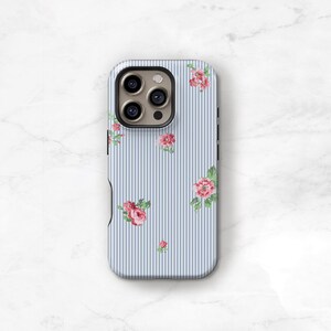 Blue Stripe Phone Case with Pink Flowers, Preppy iPhone 17 16 15 MagSafe 14 13 Pro Max 17e Monogram Name on Seersucker S24 S25 Plus C-PSF immagine 12