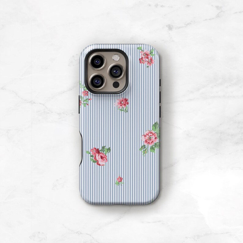 Blue Stripe Phone Case with Pink Flowers, Preppy iPhone 17 16 15 MagSafe 14 13 Pro Max 17e Monogram Name on Seersucker S24 S25 Plus C-PSF immagine 12